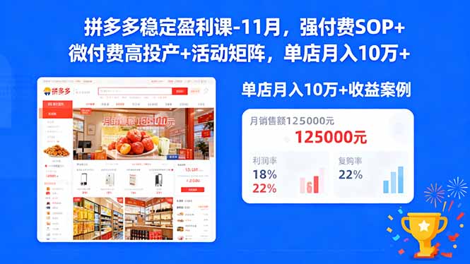 拼多多稳定盈利课-11月，强付费SOP+微付费高投产+活动矩阵，单店月入10万+-鹰眼AI
